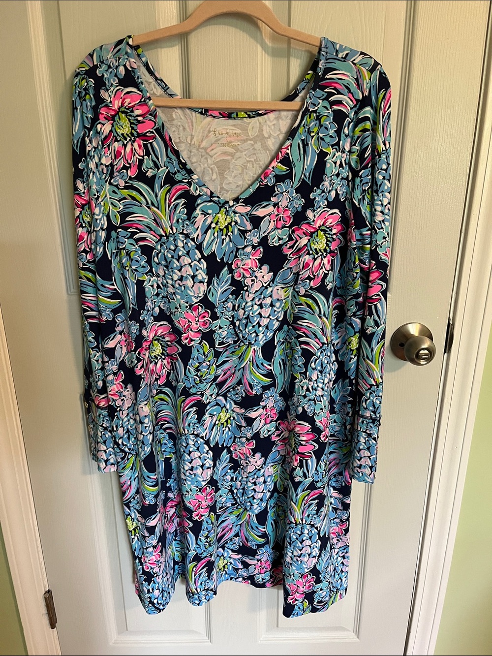 Lilly Pulitzer Navy Floral V-Neck Top with Pink, Aqua & Lime Trim